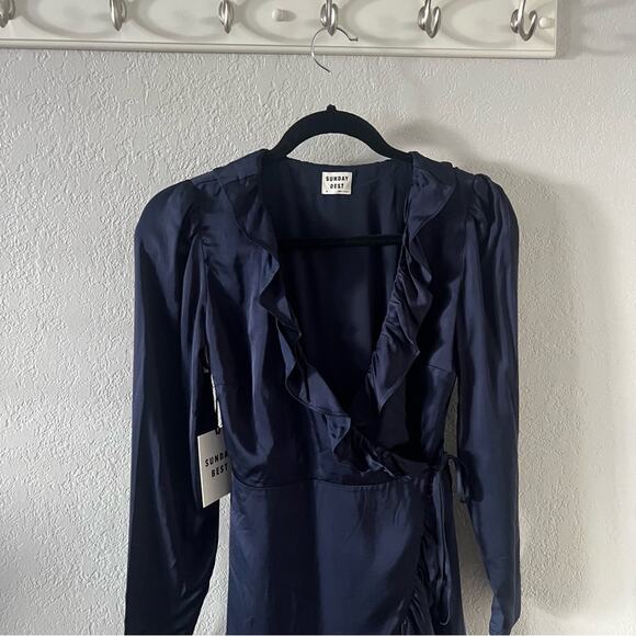 Aritzia Sunday Best Taro Satin Ruffle Mini Wrap Dress - Picture 3 of 7